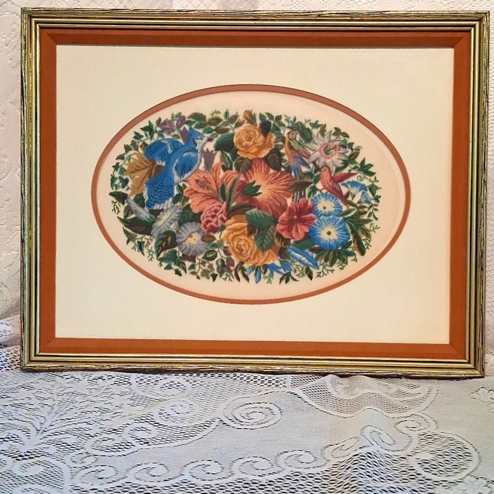 Petit Point Flowers & Birds Double Matted, Framed Under Glass 3458